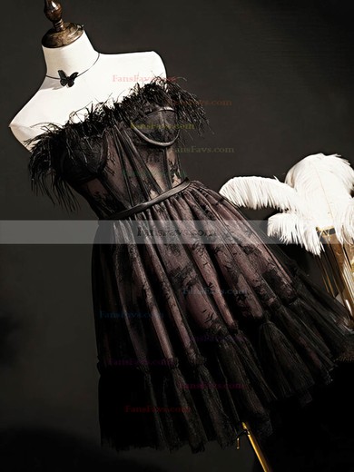 A-line Strapless Lace Tulle Short/Mini Homecoming Dresses With Feathers / Fur #Favs020110159