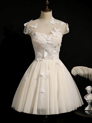 A-line Scoop Neck Tulle Short/Mini Homecoming Dresses With Appliques Lace #Favs020110161