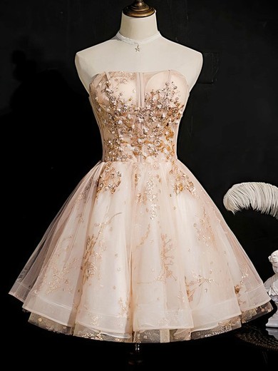 A-line Strapless Tulle Short/Mini Homecoming Dresses With Beading #Favs020110165