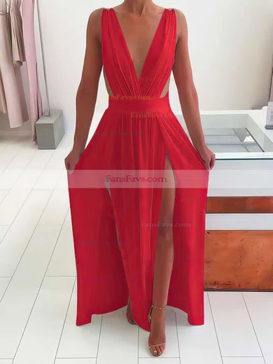 A-line V-neck Chiffon Floor-length Split Front Prom Dresses #Favs020105769