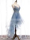 A-line V-neck Lace Tulle Asymmetrical Homecoming Dresses With Appliques Lace #Favs020110175