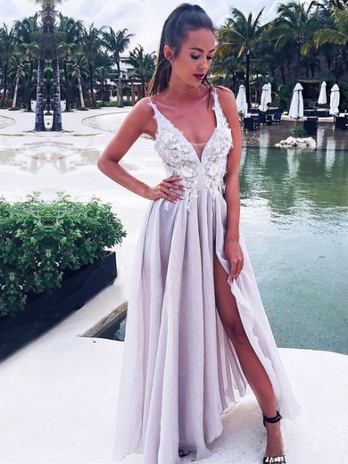 A-line V-neck Chiffon Floor-length Appliques Lace Prom Dresses #Favs020105770