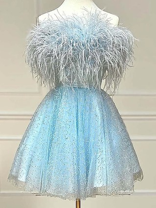 A-line Strapless Sequined Short/Mini Homecoming Dresses With Feathers / Fur #Favs020110303