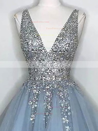 A-line V-neck Tulle Short/Mini Homecoming Dresses With Appliques Lace #Favs020110305