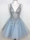 A-line V-neck Tulle Short/Mini Homecoming Dresses With Appliques Lace #Favs020110305