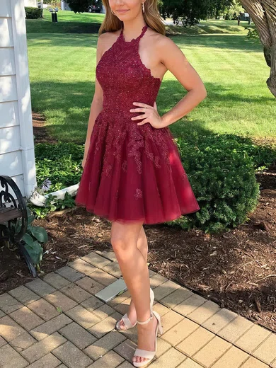 A-line Halter Lace Tulle Short/Mini Homecoming Dresses With Appliques Lace #Favs020110179