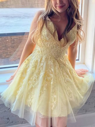 A-line V-neck Lace Tulle Short/Mini Homecoming Dresses With Appliques Lace #Favs020110182 A-line V-neck Lace Tulle Short/Mini Homecoming Dresses With Appliques Lace #Favs020110182