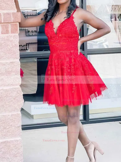 A-line V-neck Lace Tulle Short/Mini Homecoming Dresses With Appliques Lace #Favs020110182