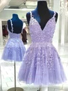 A-line V-neck Lace Tulle Short/Mini Homecoming Dresses With Appliques Lace #Favs020110182