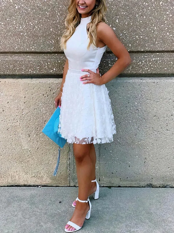 A-line High Neck Lace Tulle Short/Mini Homecoming Dresses With Appliques Lace #Favs020110185
