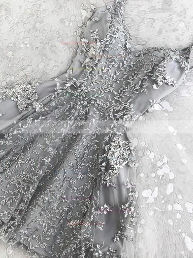 A-line V-neck Lace Tulle Short/Mini Homecoming Dresses With Appliques Lace #Favs020110201