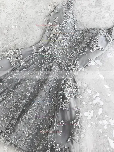 A-line V-neck Lace Tulle Short/Mini Homecoming Dresses With Appliques Lace #Favs020110201