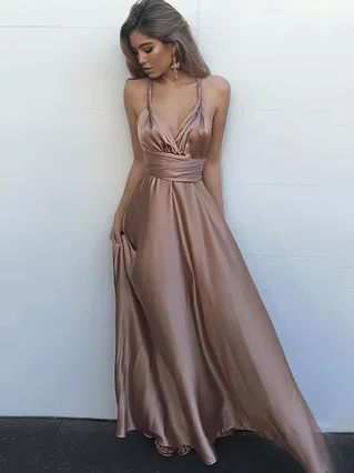 A-line V-neck Silk-like Satin Floor-length Ruffles Prom Dresses #Favs020104433