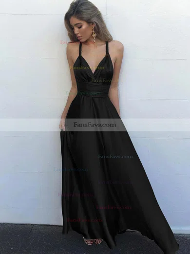 A-line V-neck Silk-like Satin Floor-length Ruffles Prom Dresses #Favs020104433