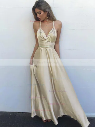 A-line V-neck Silk-like Satin Floor-length Ruffles Prom Dresses #Favs020104433