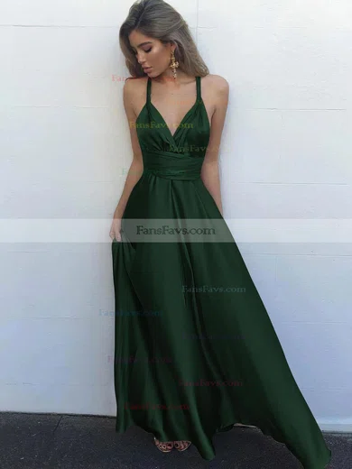 A-line V-neck Silk-like Satin Floor-length Ruffles Prom Dresses #Favs020104433
