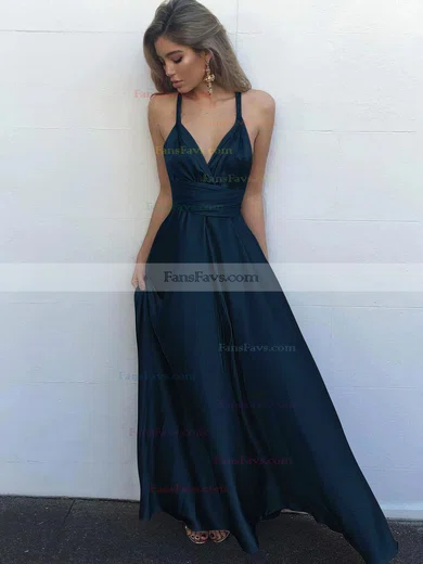 A-line V-neck Silk-like Satin Floor-length Ruffles Prom Dresses #Favs020104433