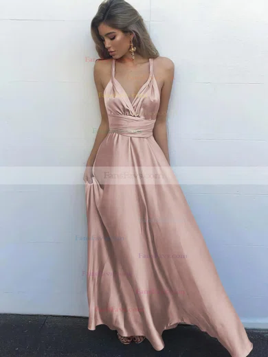 A-line V-neck Silk-like Satin Floor-length Ruffles Prom Dresses #Favs020104433