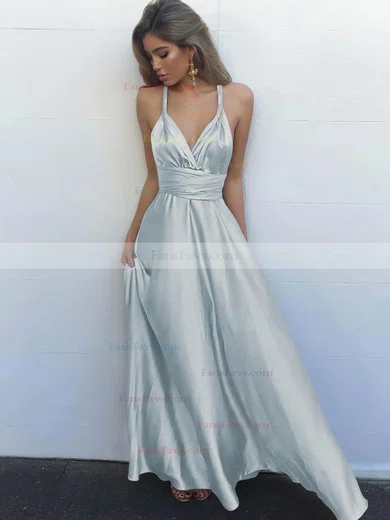 A-line V-neck Silk-like Satin Floor-length Ruffles Prom Dresses #Favs020104433