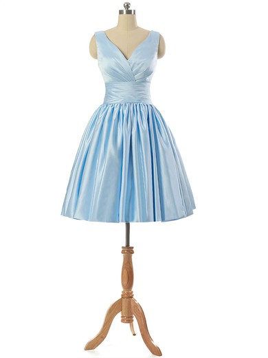 V-neck Light Sky Blue Satin Lace-up Pleats Short/Mini Prom Dresses #Favs020101795