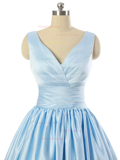 V-neck Light Sky Blue Satin Lace-up Pleats Short/Mini Short Prom Dresses #Favs020101795