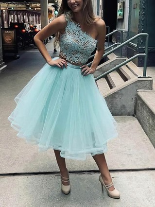 A-line One Shoulder Lace Tulle Knee-length Homecoming Dresses With Appliques Lace #Favs020110206 A-line One Shoulder Lace Tulle Knee-length Homecoming Dresses With Appliques Lace #Favs020110206