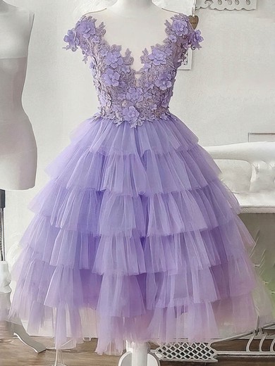 Princess Scoop Neck Tulle Lace Tea-length Homecoming Dresses With Appliques Lace #Favs020110212