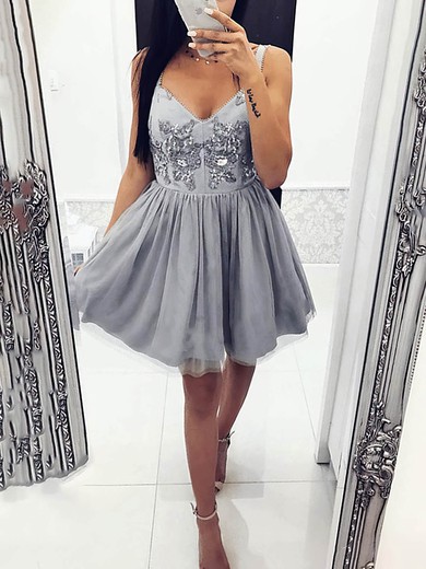A-line V-neck Tulle Short/Mini Homecoming Dresses With Appliques Lace #Favs020110216