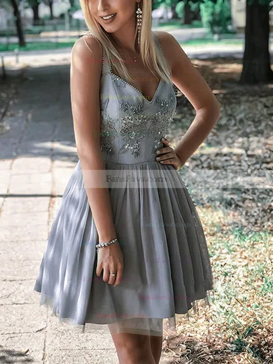 A-line V-neck Tulle Short/Mini Homecoming Dresses With Appliques Lace #Favs020110216