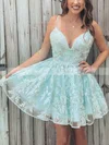 A-line V-neck Lace Tulle Short/Mini Homecoming Dresses With Appliques Lace #Favs020110217