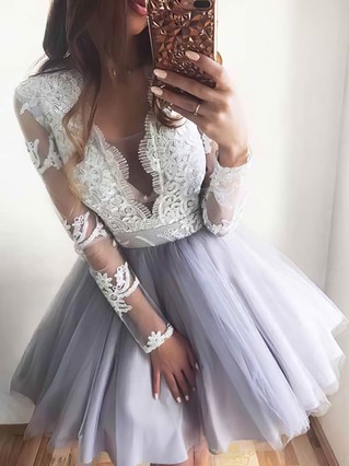 A-line V-neck Tulle Lace Short/Mini Homecoming Dresses With Appliques Lace #Favs020110236 A-line V-neck Tulle Lace Short/Mini Homecoming Dresses With Appliques Lace #Favs020110236