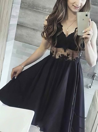 A-line V-neck Satin Lace Short/Mini Homecoming Dresses With Appliques Lace #Favs020110237 A-line V-neck Satin Lace Short/Mini Homecoming Dresses With Appliques Lace #Favs020110237