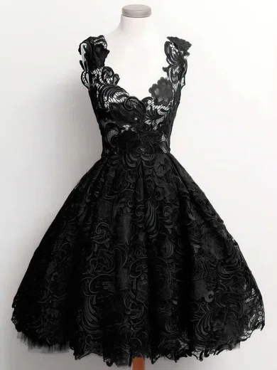 A-line V-neck Lace Knee-length Appliques Lace Short Prom Dresses #Favs020102389