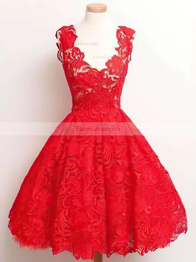 A-line V-neck Lace Knee-length Appliques Lace Short Prom Dresses #Favs020102389