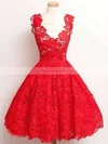 A-line V-neck Lace Knee-length Appliques Lace Short Prom Dresses #Favs020102389