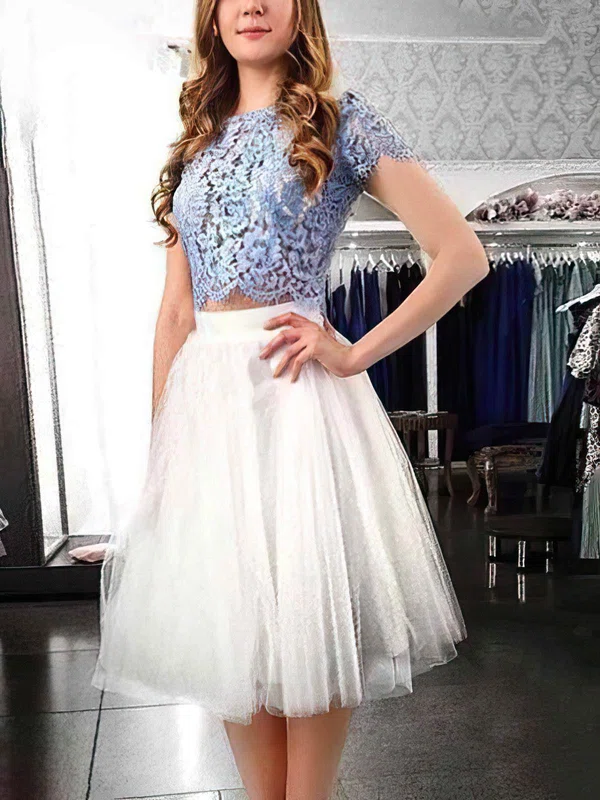 A-line Scoop Neck Lace Tulle Tea-length Homecoming Dresses With Appliques Lace #Favs020110248