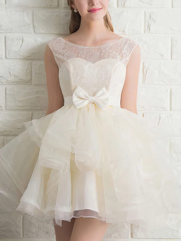 A-line Scoop Neck Lace Organza Short/Mini Bow Short Prom Dresses #Favs020102158