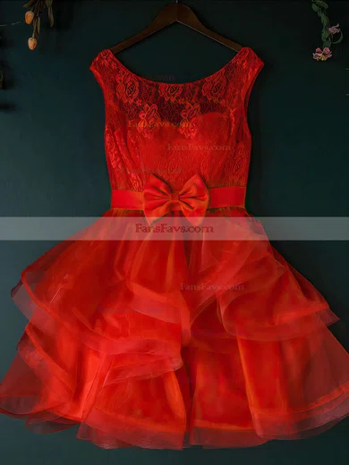 A-line Scoop Neck Lace Organza Short/Mini Bow Short Prom Dresses #Favs020102158