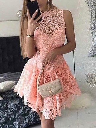 A-line High Neck Lace Tulle Short/Mini Homecoming Dresses With Appliques Lace #Favs020110265 A-line High Neck Lace Tulle Short/Mini Homecoming Dresses With Appliques Lace #Favs020110265