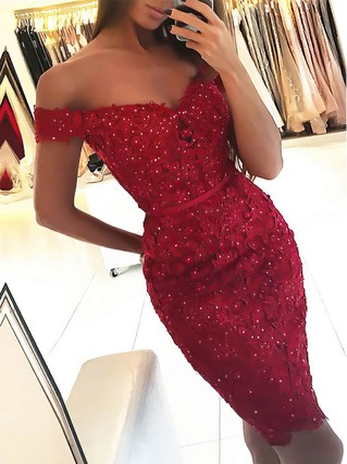 Sheath/Column Off-the-shoulder Lace Tulle Knee-length Homecoming Dresses With Appliques Lace #Favs020110267 Sheath/Column Off-the-shoulder Lace Tulle Knee-length Homecoming Dresses With Appliques Lace #Favs020110267