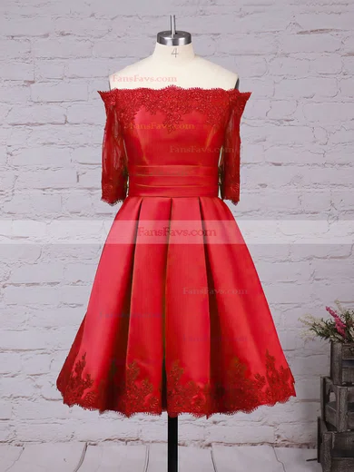 A-line Scalloped Neck Satin Short/Mini Appliques Lace Short Prom Dresses #Favs020102397