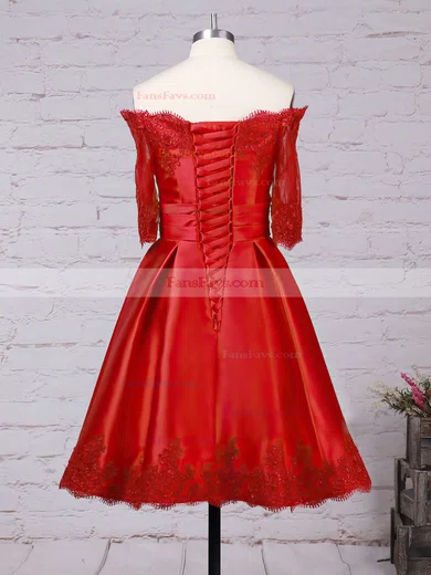 A-line Scalloped Neck Satin Short/Mini Appliques Lace Short Prom Dresses #Favs020102397