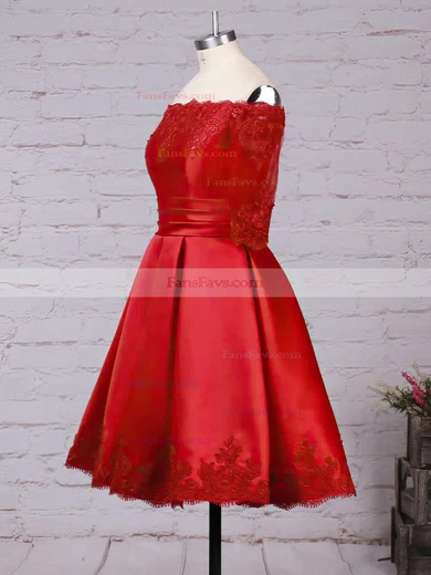 A-line Scalloped Neck Satin Short/Mini Appliques Lace Short Prom Dresses #Favs020102397