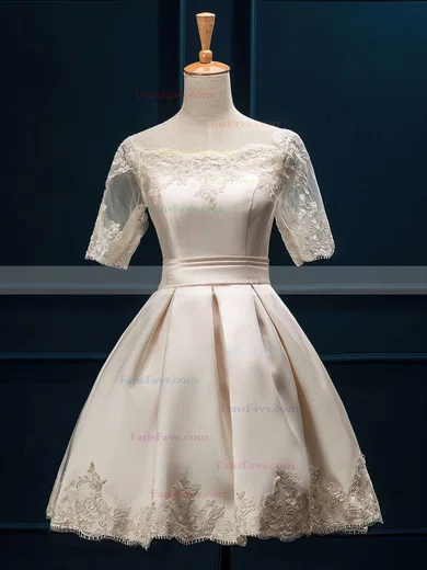 A-line Scalloped Neck Satin Short/Mini Appliques Lace Short Prom Dresses #Favs020102397