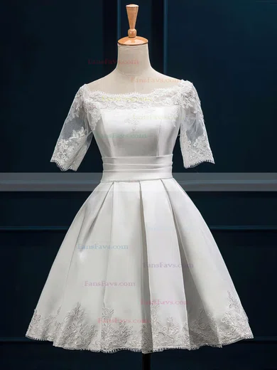 A-line Scalloped Neck Satin Short/Mini Appliques Lace Short Prom Dresses #Favs020102397