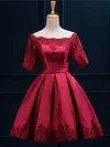 A-line Scalloped Neck Satin Short/Mini Appliques Lace Short Prom Dresses #Favs020102397