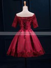A-line Scalloped Neck Satin Short/Mini Appliques Lace Prom Dresses #Favs020102397