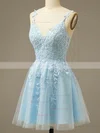 A-line V-neck Lace Tulle Short/Mini Homecoming Dresses With Appliques Lace #Favs020110571