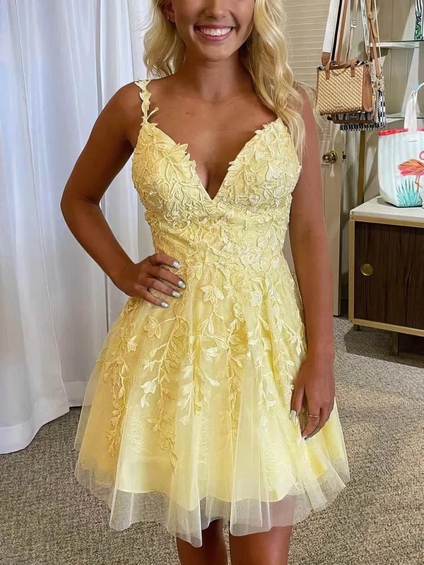 A-line V-neck Lace Tulle Short/Mini Homecoming Dresses With Beading #Favs020110588