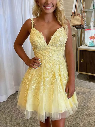 A-line V-neck Lace Tulle Short/Mini Homecoming Dresses With Beading #Favs020110588 A-line V-neck Lace Tulle Short/Mini Homecoming Dresses With Beading #Favs020110588
